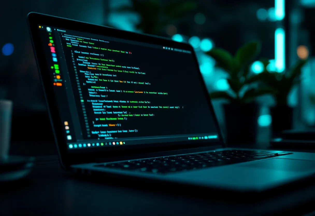 A screen showing passing test results and code in a dark room