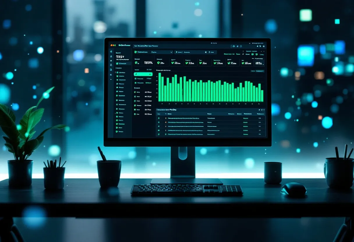 Automated test pipelines with glowing check marks flowing through dark circuitry