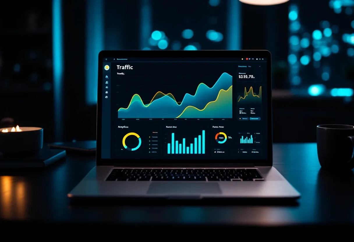 Rising line graphs and ranking bars glowing over a dark grid horizon